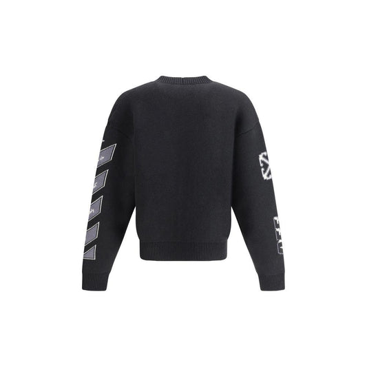 Back view of Off-White Varsity Cardigan with jacquard sleeve design.
