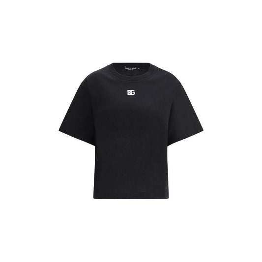 Dolce & Gabbana black logoed T-shirt with ribbed crew neck and embroidered logo, offering a monochrome and sophisticated look.