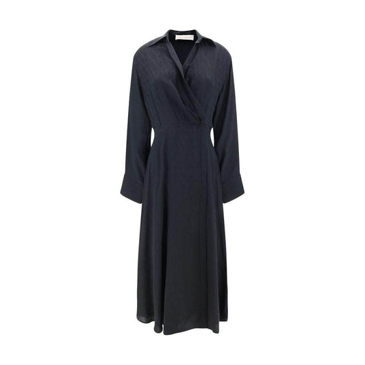Valentino Toile Iconographe Chemisier Dress in silk with double-breasted closure, smocked waistband, wide sleeves, and ruffle skirt.