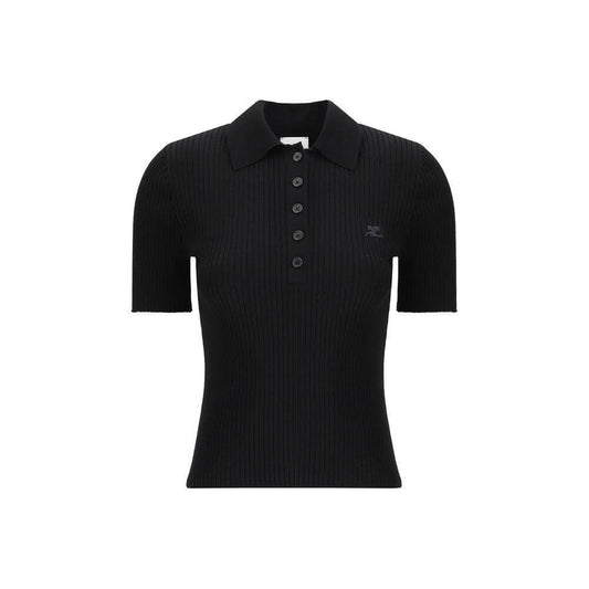 Black Courrèges polo shirt with ribbed collar, tone-on-tone buttons, and embroidered logo, featuring a slim fit monochrome design.