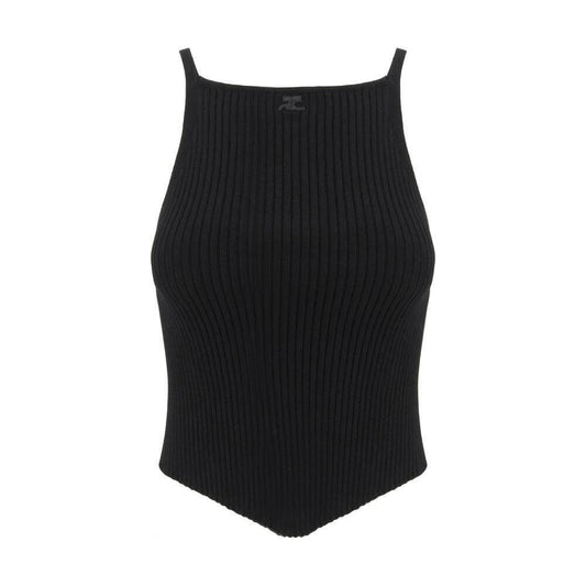 Black Courrèges top with thin straps, square neckline, iconic embroidered logo, ribbed design, asymmetrical hemline, slim fit.