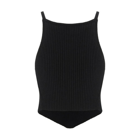 Courrèges black ribbed top with thin straps, square neckline, iconic logo, asymmetrical hem, monochrome pattern, slim fit design.