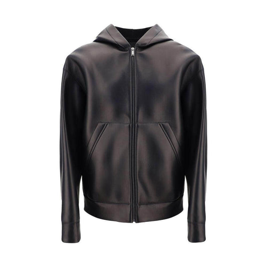 Valentino lambskin leather jacket with hood and front zipper, featuring welt patch pockets and monochrome design.