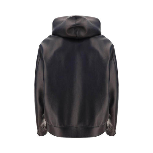 Back view of Valentino lambskin leather jacket, hooded design with front zipper, monochrome pattern, showcases two front welt patch pockets.