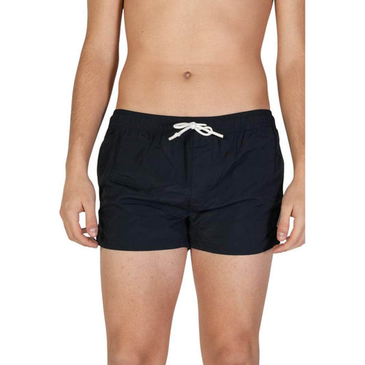 Men's black polyester swimwear by Hamaki-Ho, fall/winter collection, featuring a drawstring waist, perfect for beach wear.
