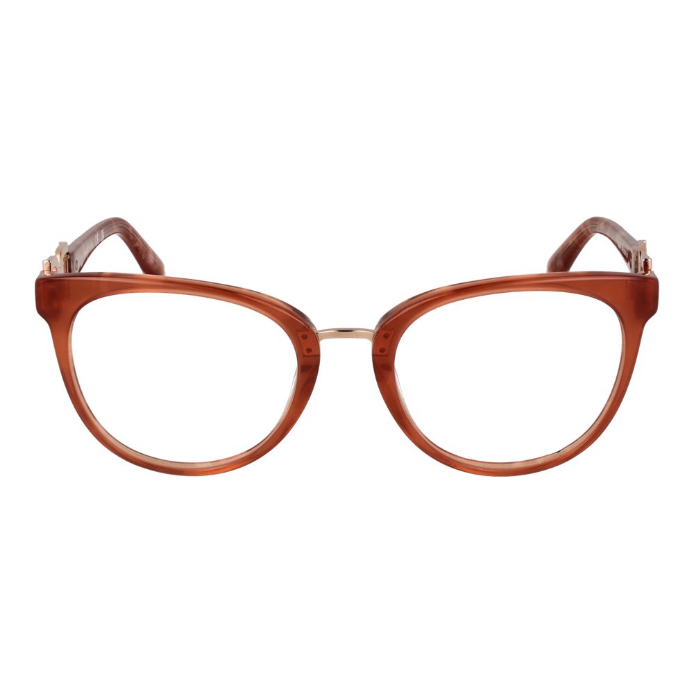 Front view of Marciano by Guess Brown Women Glasses Frame in acetate, full-rim round style, with demo lenses and branded case.