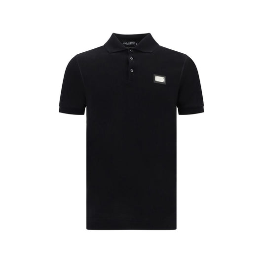Dolce & Gabbana Black Cotton Polo Shirt with ribbed collar, front buttons, and D&G monogram plaque, made in Italy, AW25 collection.