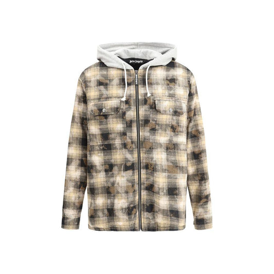 Palm Angels cotton jacket with hood, zip closure, and check pattern. Features quilted lining and oversized fit for comfort and style.