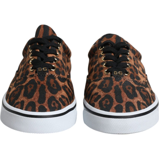 Dolce & Gabbana leopard print cotton sneakers, brown low-top shoes with logo, rubber sole, lace-up closure, luxury Italian footwear