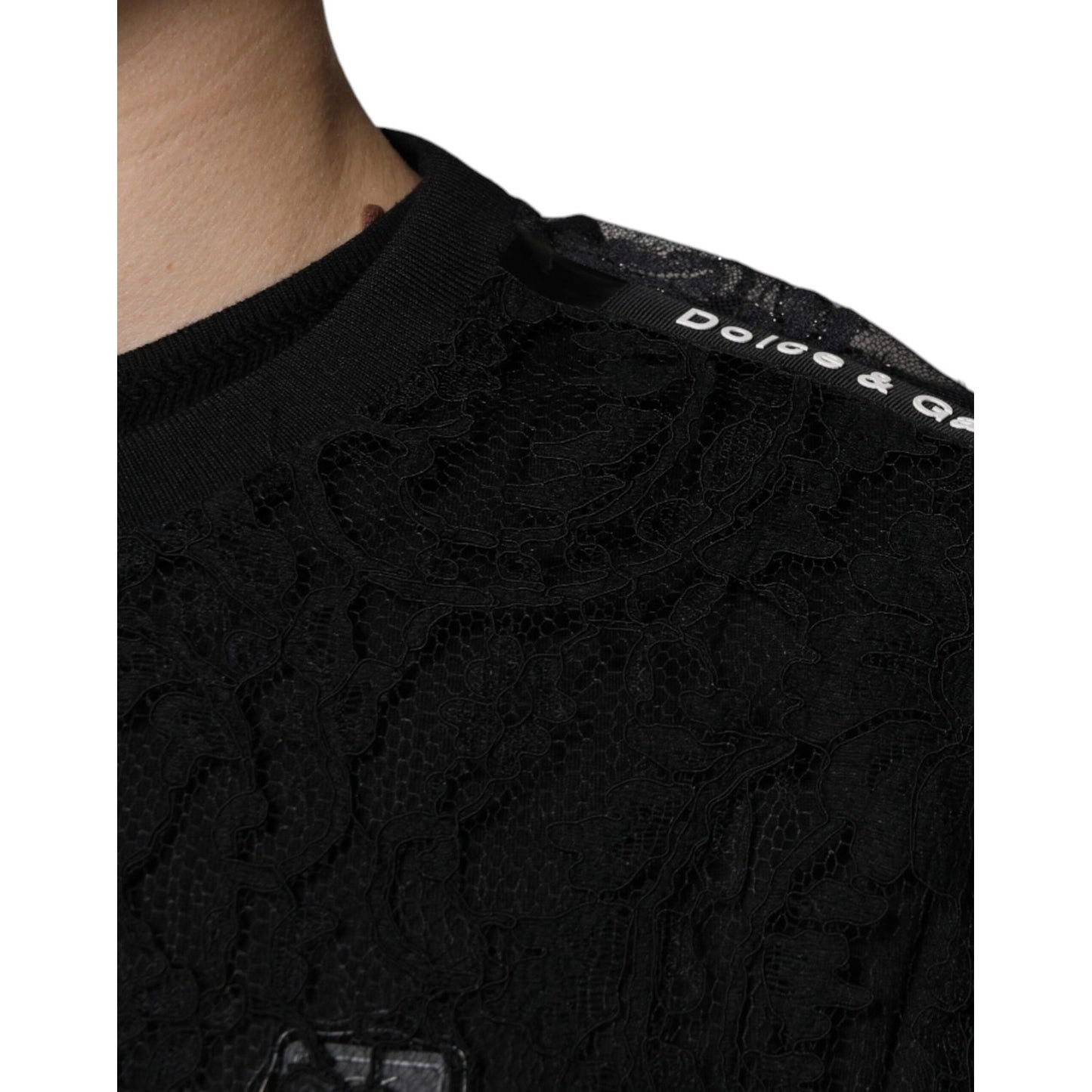 Dolce & Gabbana Black Nylon Floral Lace Crew Neck T-shirt