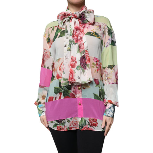 Dolce & Gabbana Multicolor Floral Patchwork Ascot Collar Top