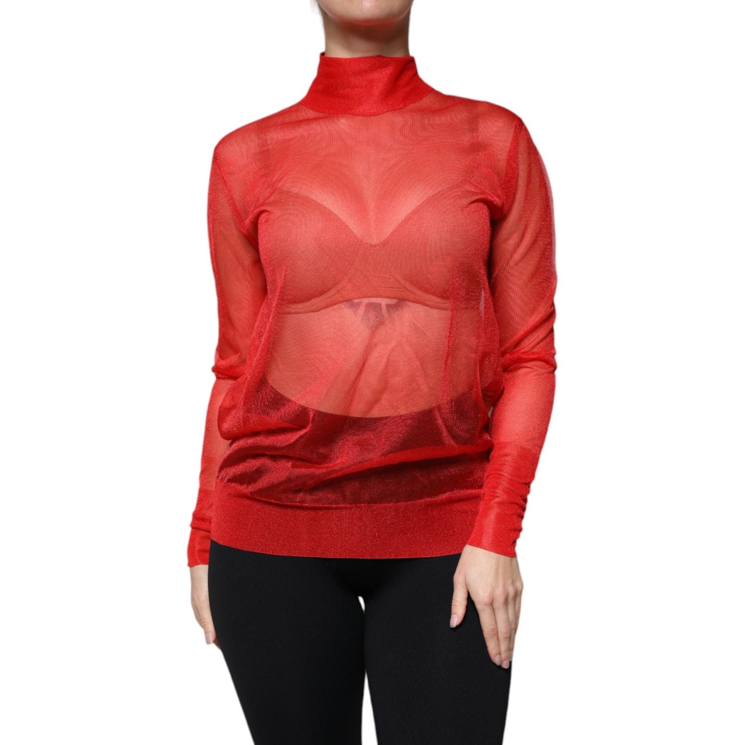 Dolce & Gabbana Red Mesh Turtleneck Long Sleeve Blouse Top