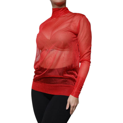 Dolce & Gabbana Red Mesh Turtleneck Long Sleeve Blouse Top