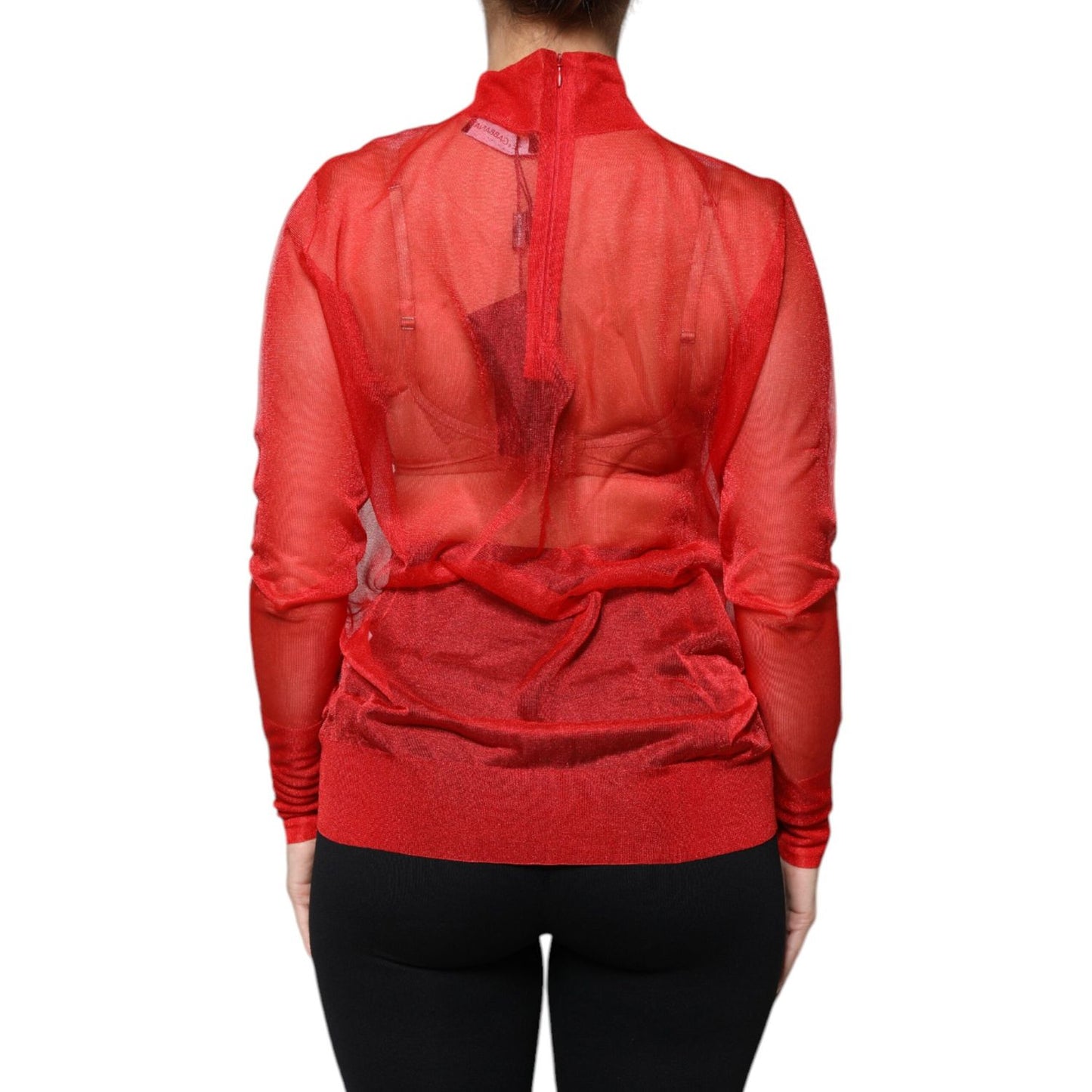 Dolce & Gabbana Red Mesh Turtleneck Long Sleeve Blouse Top