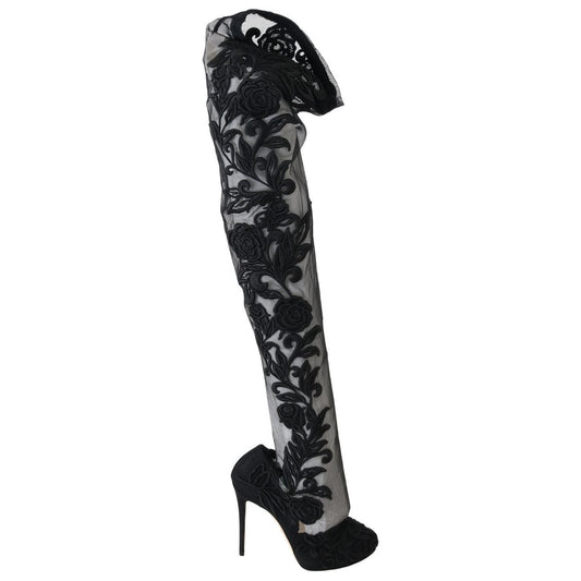 Dolce & Gabbana Embroidered Floral Over-Knee Boots Dolce & Gabbana Black