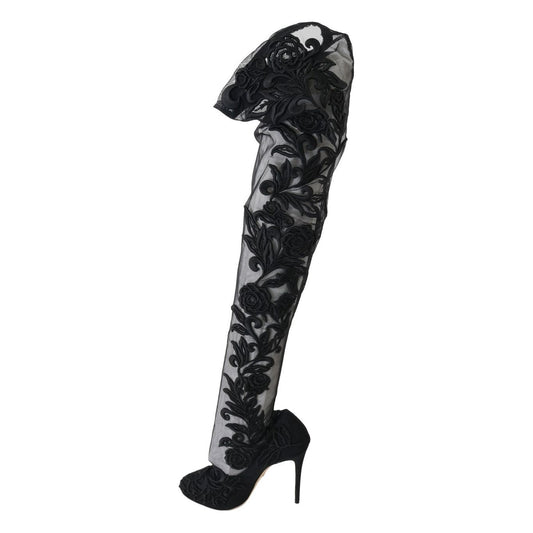 Dolce & Gabbana Embroidered Floral Over-Knee Boots Dolce & Gabbana Black