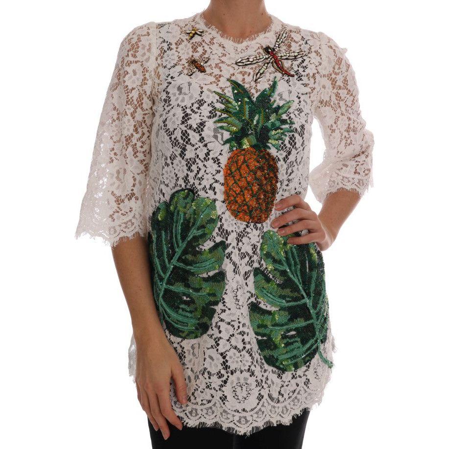 بلوزة ميني أنيقة مزينة بالدانتيل باللون الأبيض من دولتشي آند غابانا