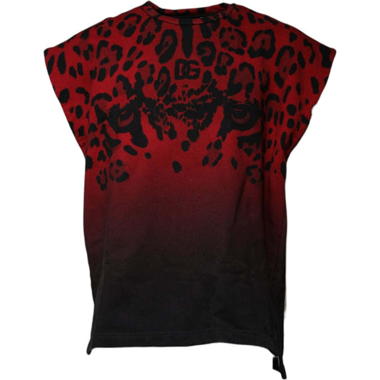 Dolce & Gabbana red leopard print sleeveless cotton t-shirt, round neck, made in Italy, regular fit, front view.