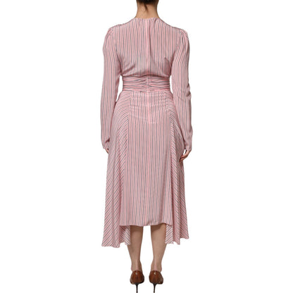 Ermanno Scervino Pink Stripes Silk Long Sleeves Midi Dress