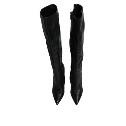 Dolce & Gabbana Black Leather Heels Knee High Boots Shoes