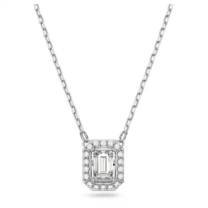 Elegant silver necklace with rectangular pendant featuring clear stones, perfect for formal occasions.
