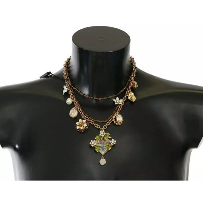 Dolce & Gabbana Gold Brass Crystal Floral Statement Charms Necklace