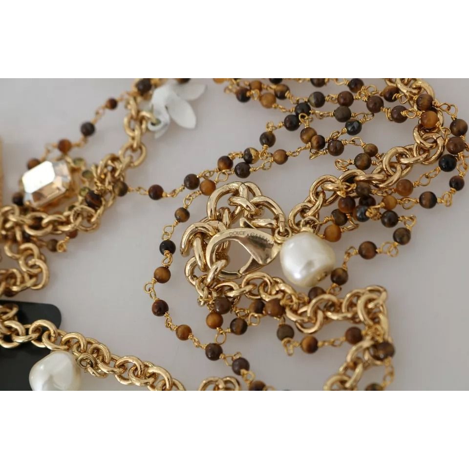 Dolce & Gabbana Gold Brass Crystal Floral Statement Charms Necklace