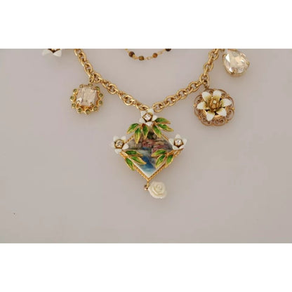 Dolce & Gabbana Gold Brass Crystal Floral Statement Charms Necklace
