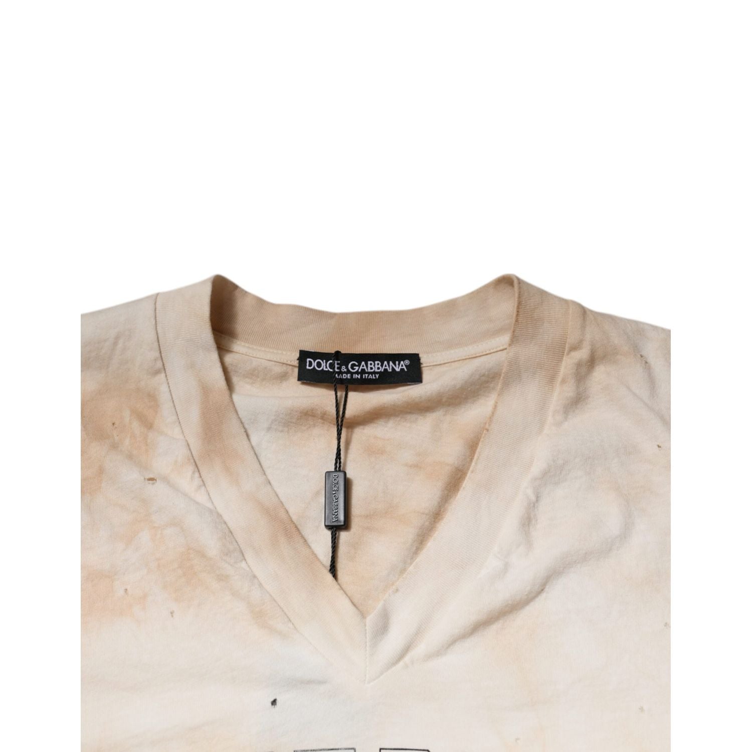 Dolce & Gabbana Beige Graphic Print Cotton V-neck T-shirt