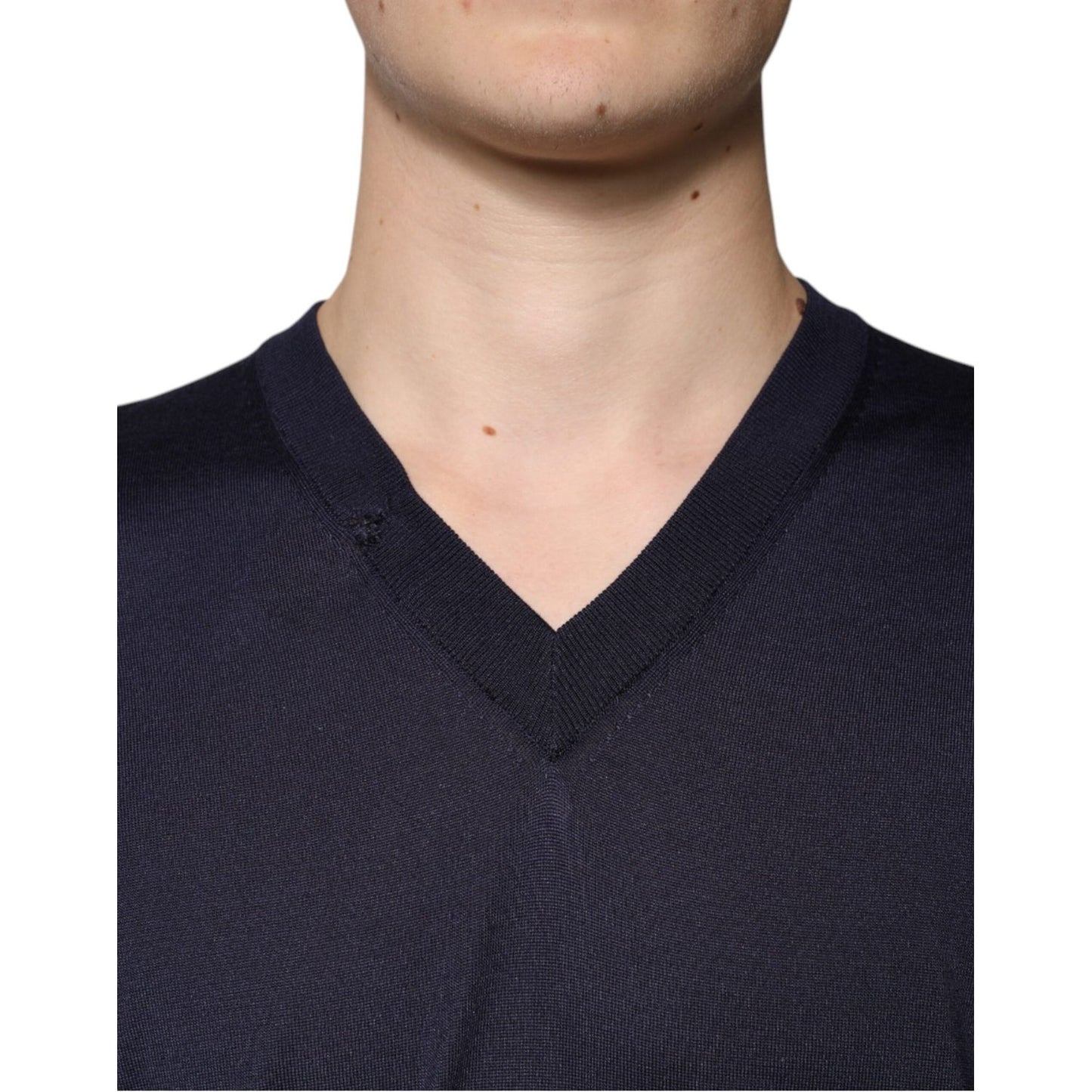Dolce & Gabbana Navy Blue Silk V-neck Pullover Sweater