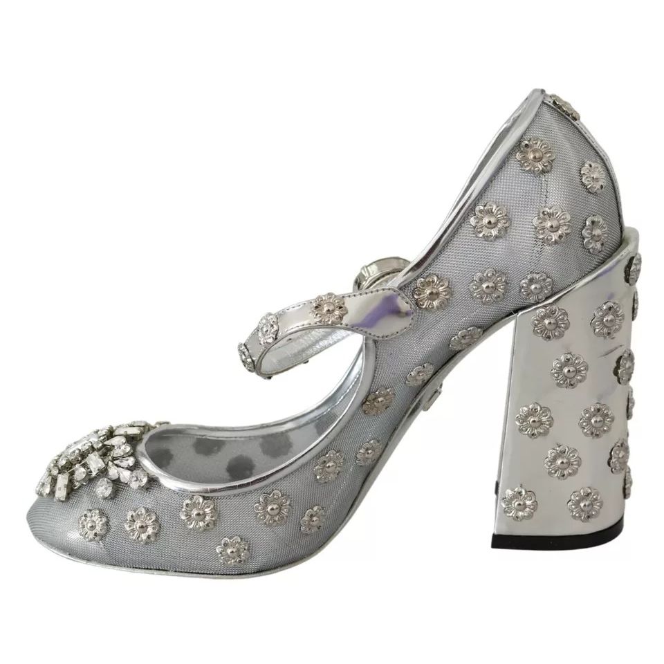 Dolce & Gabbana Silver Crystal Studs Heels Mary Janes Pumps Shoes