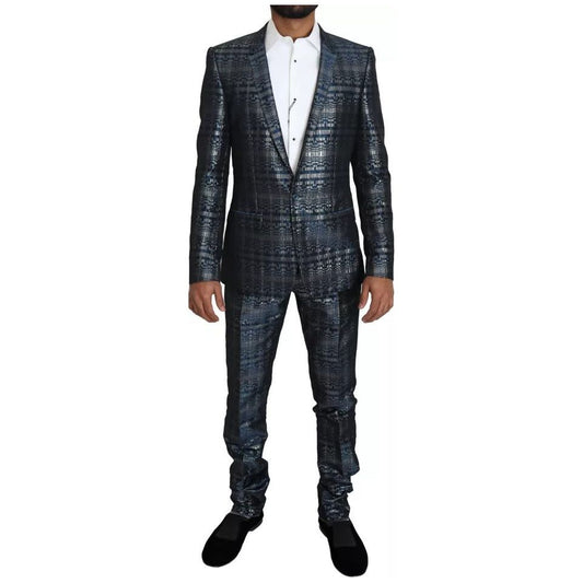 Dolce & Gabbana Blue Silver Shiny 2 Piece Slim GOLD Suit