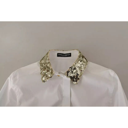 Dolce & Gabbana White Cotton Collared Long Sleeves Sequin Top Shirt