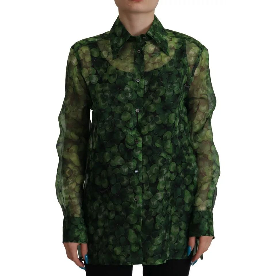 Dolce & Gabbana Green Clover Print Long Sleeves Collared Top Blouse