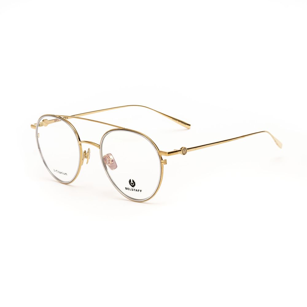 Belstaff Gold Titanium Frames with clear lenses and golden temples, featuring a minimalist design and premium craftsmanship.