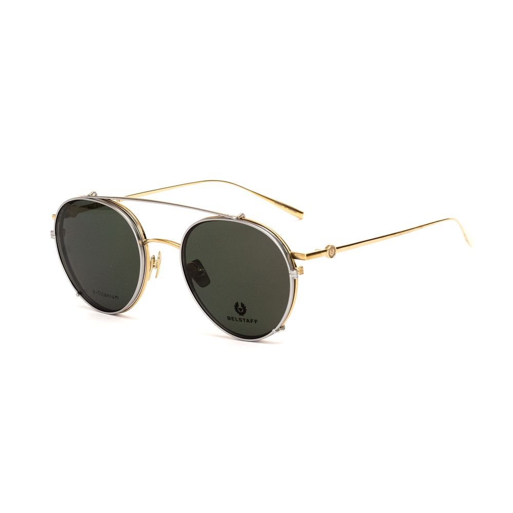Belstaff Gold Titanium Frames with clip-on feature, 53/22/145mm, handmade in Japan, featuring grey lenses and 100% UV protection.