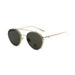 Belstaff Gold Titanium Frames with clip-on feature, 53/22/145mm, handmade in Japan, featuring grey lenses and 100% UV protection.
