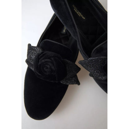 Dolce & Gabbana Black Velvet Flats Bow Young Queen Shoes