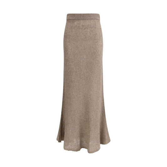 Lisa Yang Kelsy cashmere skirt in neutral tone, featuring a long style with elastic waistband and soft knit weave for comfort and warmth.