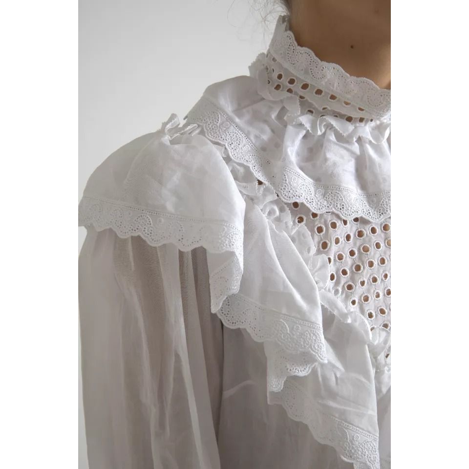 Dolce & Gabbana White Cotton Lace Trim Turtle Neck Blouse
