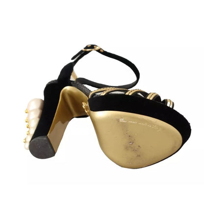 Dolce & Gabbana Black Gold Bianca Faux Pearl Sandals