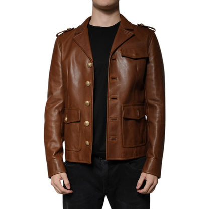 Dolce & Gabbana Brown Calfskin Leather Button Down Jacket
