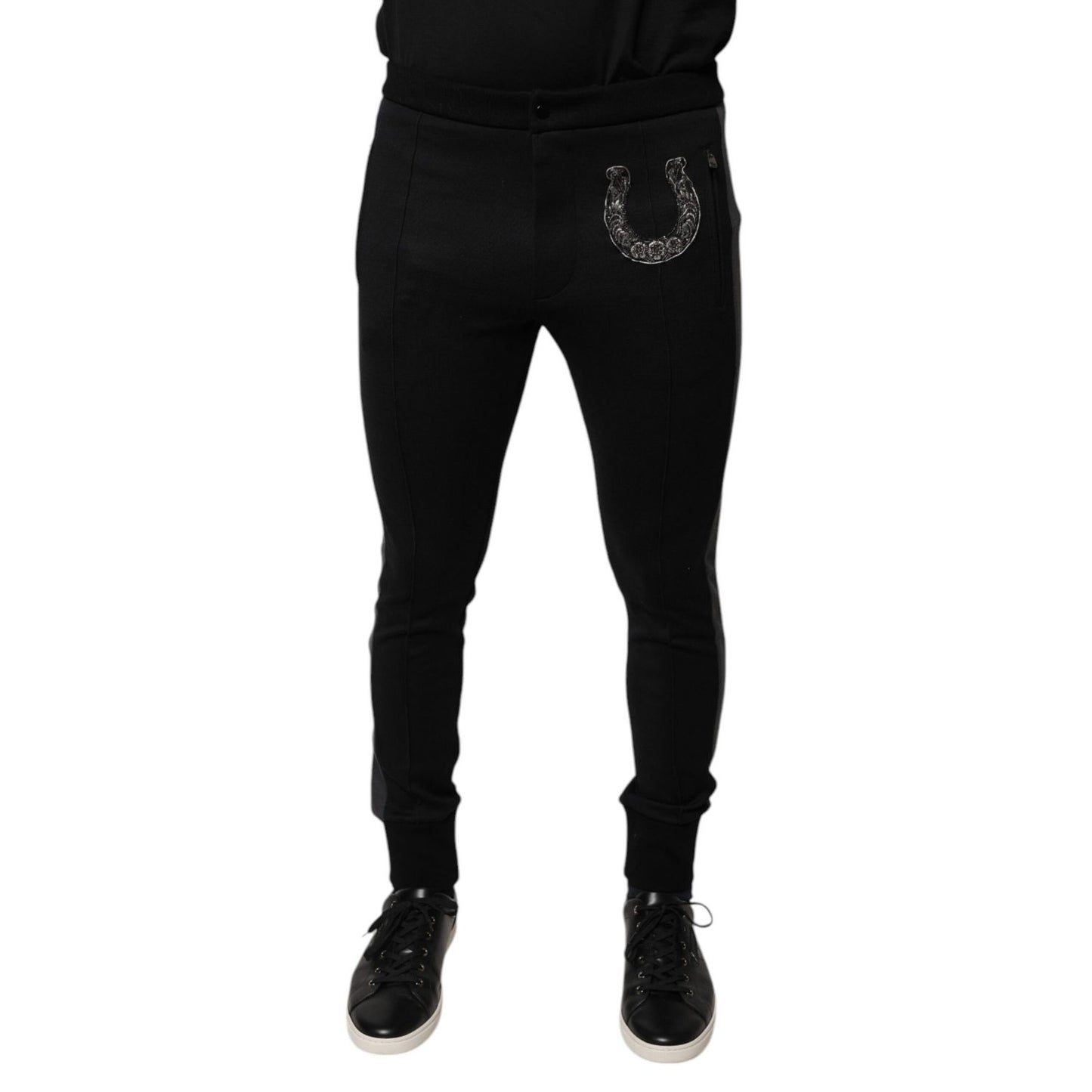 Dolce & Gabbana Black Horseshoe Embellished Wool Slim Fit Pants