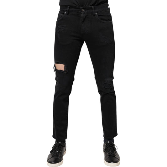Dolce & Gabbana Black Cotton Tattered Skinny Denim Logo Jeans PAN75901-46