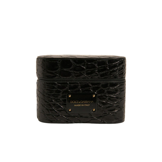 Dolce & Gabbana Black Leather Metal Logo Plaque Holder Airpods Case SMY10594