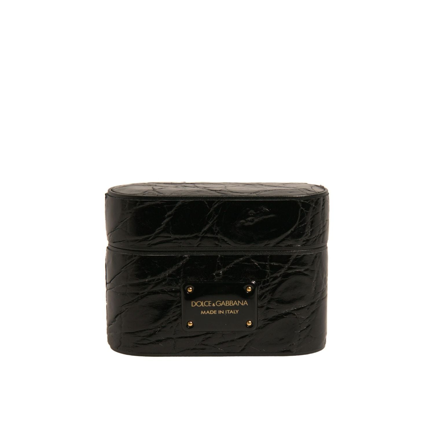 Dolce & Gabbana Black Leather Metal Logo Plaque Holder Airpods Case