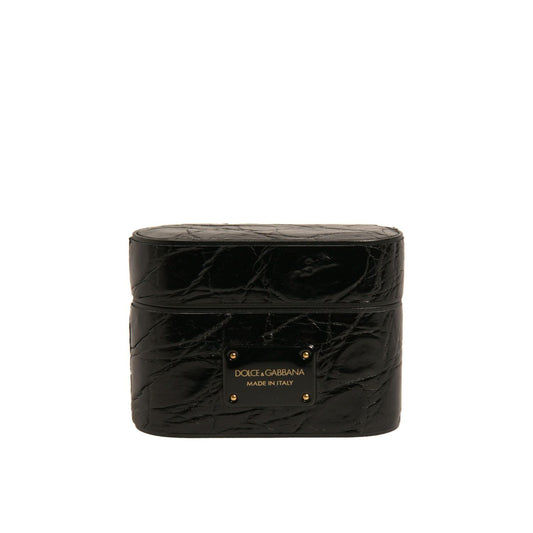 Dolce & Gabbana Black Leather Metal Logo Plaque Holder Airpods Case SMY10595