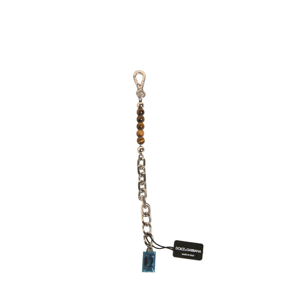 Dolce & Gabbana Silver Brass Chain Beaded Logo Plaque Keychain Keyring SMY10575