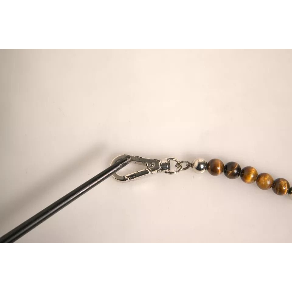 Dolce & Gabbana Silver Brass Chain Beaded Logo Plaque Keychain Keyring