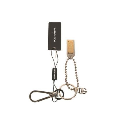 Dolce & Gabbana Silver Brass Chain Beaded Logo Plaque Keychain Keyring
